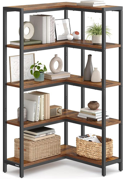 VASAGLE 5 Tier Bookshelf with Metal Frame, Convertible Industrial Corner Shelf, 9.4 x 40.2 x 55.9 Inches, for Living Room, Bedroom, Home Office, Rustic Brown and Ink Black ULLS605KD01