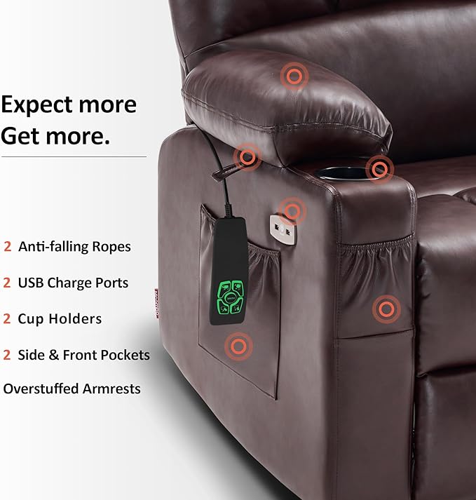 MCombo Medium Lay Flat Dual Motor Power Lift Recliner Chair Sofa with Massage and Heat for Elderly People, Infinite Position, Faux Leather 7679 (Dark Brown, Medium)