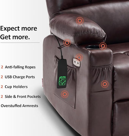 MCombo Medium Lay Flat Dual Motor Power Lift Recliner Chair Sofa with Massage and Heat for Elderly People, Infinite Position, Faux Leather 7679 (Dark Brown, Medium)
