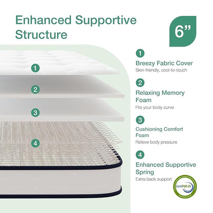 Novilla Twin XL Mattress 6 Inch,Bonnell Spring Hybrid Mattress for Spine Support & Cooling Comfort - Adaptive Foam Layer with Medium Firm- CertiPUR-US Certified for Youth/Guest Rooms