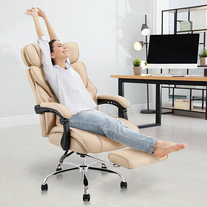 COLAMY Office Chair with Retractable Footrest, Ergonomic High Back Design Executive Computer Desk Chair with Removable Lumbar Pillow, 90-135°Reclining, Thick Bonded Leather for Home Office Work, Khaki