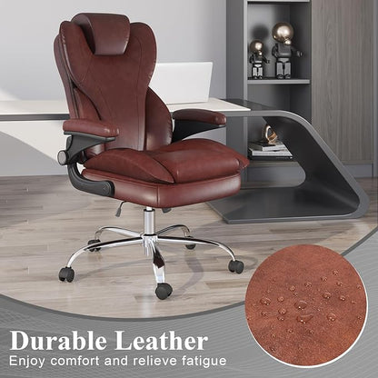 Office Desk Chair, Executive Leather Office Chair, High Back Ergonomic Home Desk Chair with Padded Flip-up Arms, Big and Tall Computer Chair with Rocking Function, 360°Swivel Free, Brown
