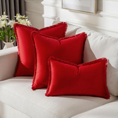FUTEI Christmas Red Velvet Decorative Throw Pillow Covers 12x20 Set of 2,Soft Cozy Edge with Tassels Lumbar Pillow Cases,Boho Modern Home Decor for Couch Bed Living Room