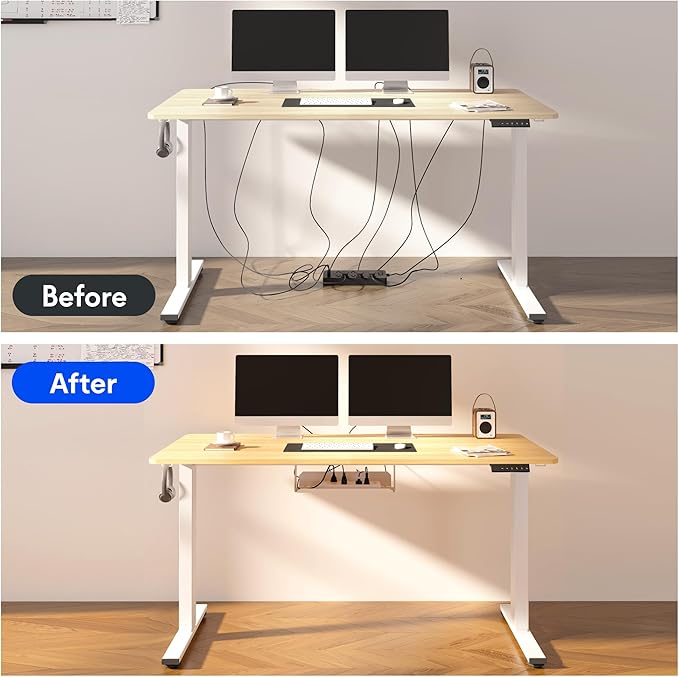 FLEXISPOT EN2 Whole-Piece Standing Desk with Clamp Power Strip, 48 x 24 Electric Height Adjustable Desk with Cable Management (White Frame + 48" Maple Top)