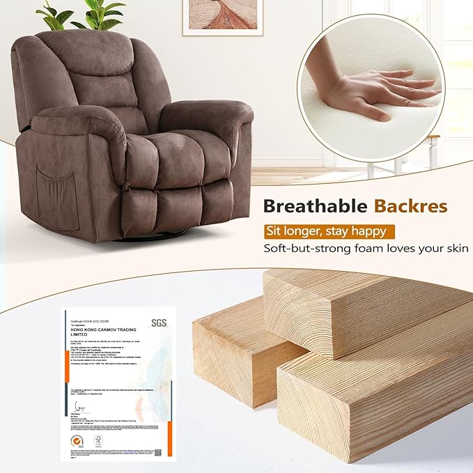 ANJ 2PCS Oversized Rocker Recliner Chairs Set, Manual 360° Swivel Recliners, Comfy Glider Rocking Chairs for Big Man, Extra Wide Overstuffed Reclining Chairs with Side Pocket for Living Room, Camel