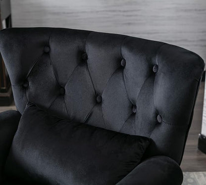 Mid Century Modern Accent Chair Upholstered Armchair Comfy Velvet Fabric Single Sofa with Tufted Wingback for Small Spaces Bedroom Living Room, Black
