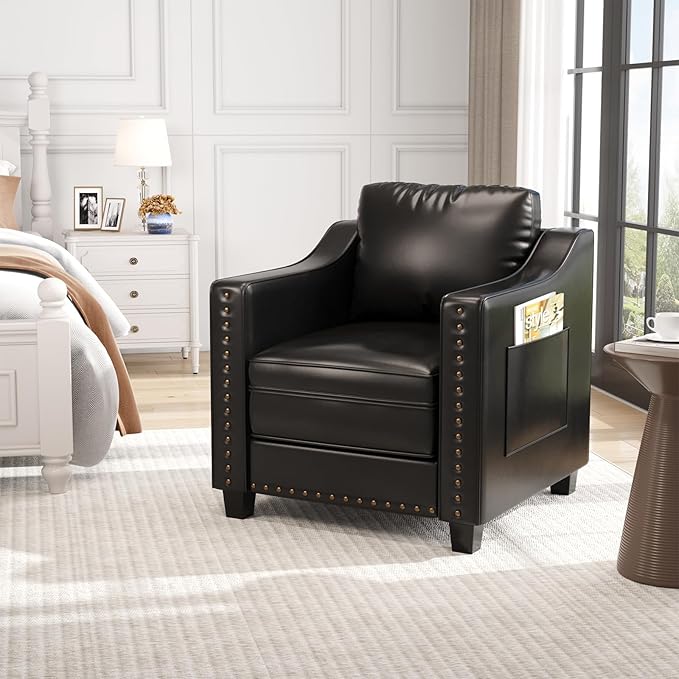 Faux Leather Accent Chair Set of 2 for Living Room, 30 Inches Barrel Upholstered Armchair, Cozy Mid Century Modern Club Arm Chair Single Sofa for Bedroom, Apartment, Reading Room, Black