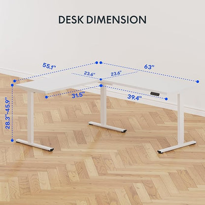 FLEXISPOT L Shaped Standing Desk, 63 x 55 Inch Electric Height Adjustable Corner Desk, Sit Stand Computer Workstation, Preset Controller, Home Office, White Frame with White Top