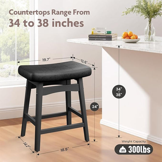 ALPHA HOME Bar Stools Set of 3, Solid Wood Saddle Kitchen Stools with Black PU Leather Cushion Counter Height Barstools with Wooden Base for Kitchen Dining Cafe, 24 Inch, Black, 3PCS