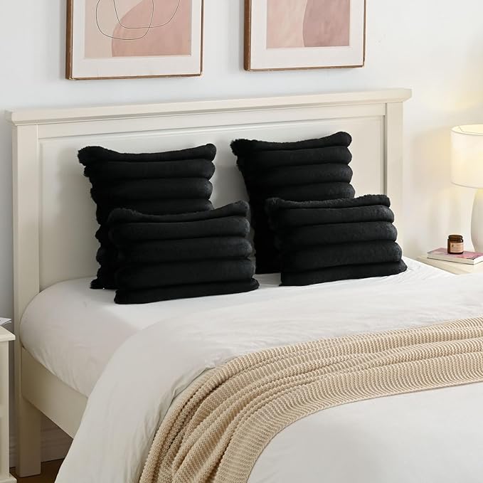 FUTEI Black Decorative Throw Pillow Covers 12x20 Inch Set of 2, Square Soft Faux Rabbit Fur Thick Striped Lumbar Pillow Case,Winter Home Decor for Couch Bed Living Room