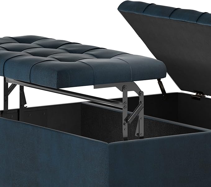 SIMPLIHOME Harrison 36 inch Wide Traditional Square Coffee Table Storage Ottoman in Distressed Dark Blue Vegan Faux Leather, Assembled, For the Living Room and Bedroom
