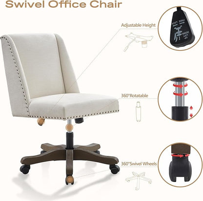 Armless Upholstered Office Chair with Wooden Legs, Modern Criss Cross Adjustable Home Office Desk Chair No Arms Sewing Chair Swivel Chair for Women Farmhouse Study Studio (Beige)