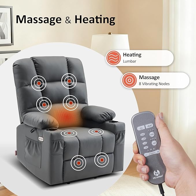 MCombo Large Dual Motor Power Lift Recliner Chair for Elderly, Massage and Heat, Lay Flat, Zero Gravity, Home Button, USB Port, Faux Leather 7680 (Dark Grey, Large)