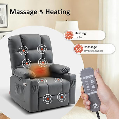 MCombo Large Dual Motor Power Lift Recliner Chair for Elderly, Massage and Heat, Lay Flat, Zero Gravity, Home Button, USB Port, Faux Leather 7680 (Dark Grey, Large)