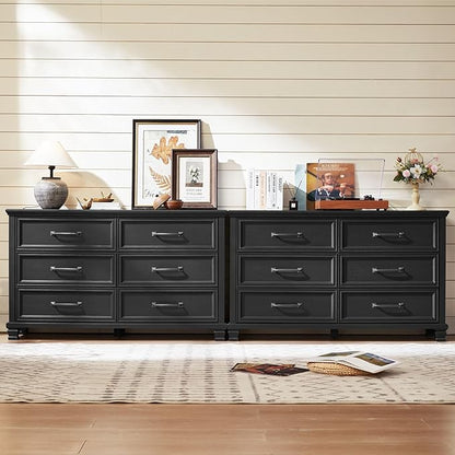 Farmhouse Black Bedroom Sets of 4, Includes 6 Drawer Large Dresser, Vintage Night Stand with 3 Drawers, Small 5 Chest of Drawers, Wood Rustic Dresser & Nightstand Set for Home, Living Room