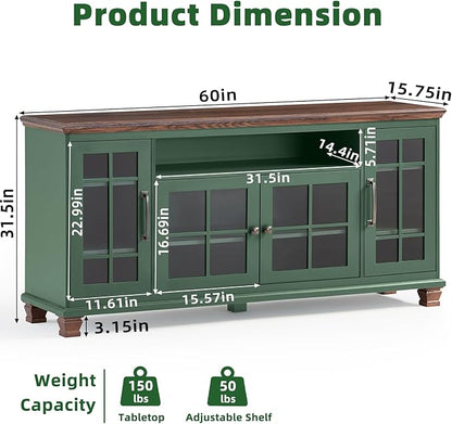 Large Sideboard Buffet Cabinet with Storage, Vintage Green Farmhouse 60" Wide Credenza Accent Cabinets with Glass Doors & Wood Legs, Kitchen Coffee Bar Table for Dining Room, Living Room