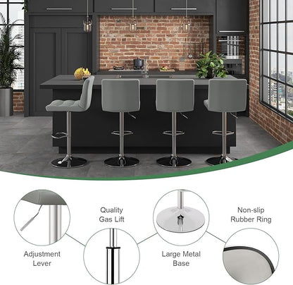 COSTWAY Bar Stool, Modern Swivel Adjustable Height PU Leather Barstools with Back, Square Armless Counter Height Bar Chair for Kitchen Island Dining Living Bistro Pub Counter, Grey