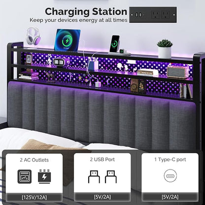 VINGLI Full Size Headboard Only, Adjustable Upholstered Headboard with 3 Tier Shelves and Pegboard with Charging Stations and LED Lights, Modern Bed Headboard with Storage for Bedroom Decor