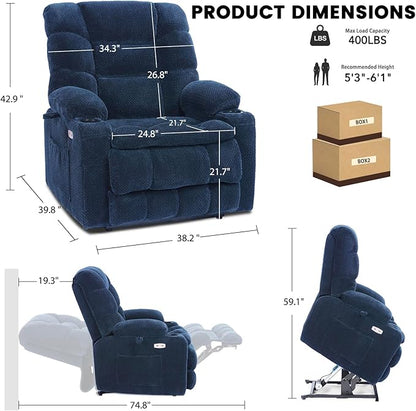 EONIX Wide Lay Flat Power Lift Recliner Chair for Elderly, Dual Motor Oversized Lift Chair with Heat and Massage and Cup Holders, 400lbs Heavy Duty Lift Recliner Sofa, Navy Blue
