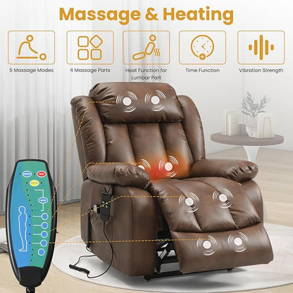 PARKOL Dual Motor Power Lift Recliner Chair for Elderly, 180-Degree Infinite Position Lay Flat Leather Recliner Chairs, with Massage and Heating, USB & Type-C Port and Remote (Ochre, Medium)
