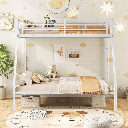 Giantex Metal Bunk Beds Twin Over Full Size, Heavy Duty Loft Bunk Bed with Ladder & Guardrail, Space Saving Bunk Bed for Dorm Apartment, Teens & Adults, Noise-Free, No Box Spring Needed, White