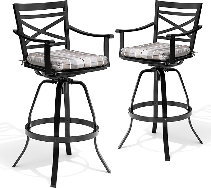 Pellebant 30-Inch Sunbrella Outdoor Bar Stools Set of 4, Aluminum Swivel Patio Bar Height Bar Stools with Back & Footrest, for Deck Lawn Garden(Milano Char)