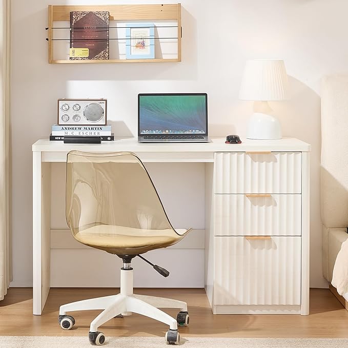 48" Modern Fluted Executive Desk with Storage Cabinet, White Wood Home Office Desk with File Drawer & Metal Handles, Large Computer Writing Table for Office,Study, Living Room, Bedroom