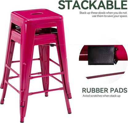 Vogue Furniture Direct 24 Inch Metal Bar Stools, Backless Counter Height Barstools, Indoor Outdoor Stackable Stools with Square Seat, Set of 2 (Hot Pink)