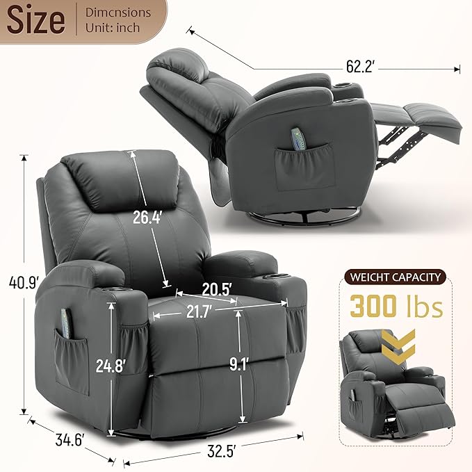 Recliner Chair, Rocking Chair with Massage and Heat, 360° Swivel Recliner Chairs for Adults, Rocker Manual Recliner with Remote Control and Cup Holder for Living Room, Bedroom, Nursery
