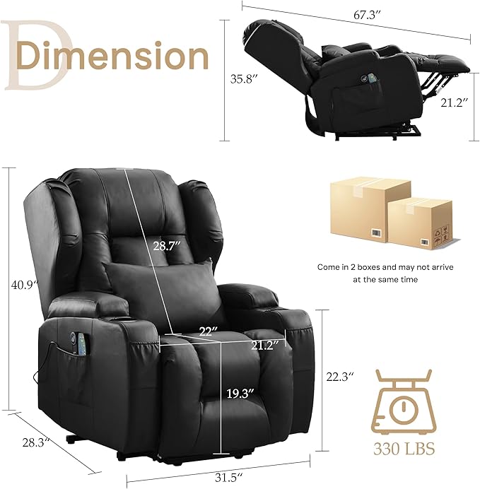 Power Lift Recliner Chair for Elderly, Electric PU Leather Reclining Single Sofa with Massage & Heat, Side Pocket, Cup Holders and USB/Type-C Charge Port for Living Room (Black)