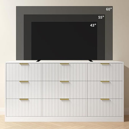 White Dresser for Bedroom with 9 Drawers, 63” Wide White Fluted Dresser Modern Chest of Drawers with Gold Handles, Wooden TV Stand Storage Organizer for Bedroom, Living Room