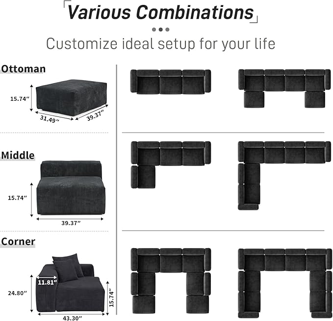 WJShome Cloud Couch Modular Sectional Sofa,102inch Corduroy Couch 2 Seater LoveSofa,Black Convertible Sectional Sofa for Living Room, Cushion Covers Removable& Washable
