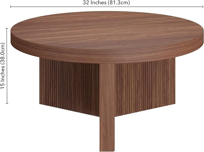 Henn&Hart 32" Fluted Round Low-Profile Coffee Table with Ribbed Pedestal Base Living Room, Family Room, Office, or Apartment, Satin Walnut