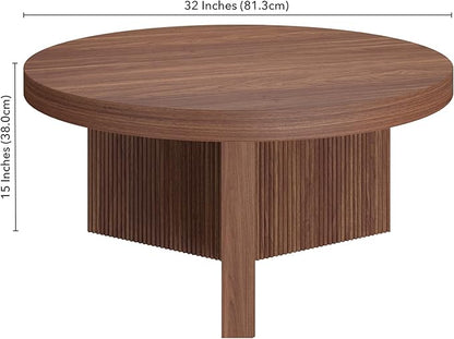 Henn&Hart 32" Fluted Round Low-Profile Coffee Table with Ribbed Pedestal Base Living Room, Family Room, Office, or Apartment, Satin Walnut