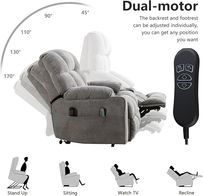 CANMOV Oversized Power Lift Recliner Chair for Elderly, Big and Tall Electric Recliner Chair with Massage and Heating, Dual Motor Heavy Duty Lift Recliner with USB Port, Cup Holders, Pockets, Grey