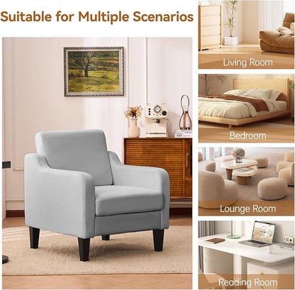 Accent Chair for Living Room, Modern Velvet Living Room Chairs with Wide Backrest, Upholstered Comfy Chair with Cushion, Oversized Sofa Chair with Wood Legs, Single Armchair, Grey