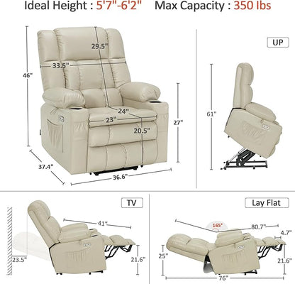 MCombo Dual Motor Large Power Lift Recliner Chair for Elderly, Lay Flat Lift Chair with Heat and Massage, Big Lift Recliner for Tall People, Faux Leather 7896 (Cream White, Large)