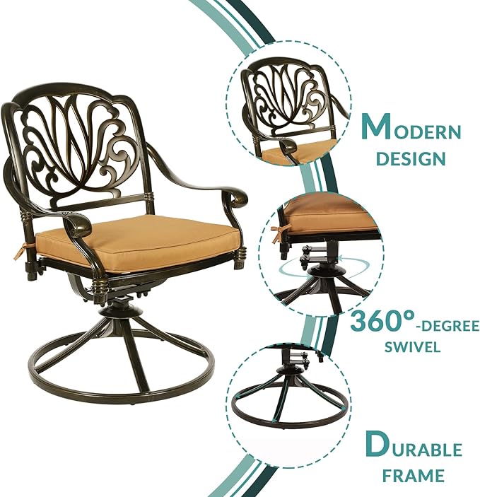 MEETWARM 9-Piece Outdoor Patio Dining Set, All-Weather Cast Aluminum Patio Conversation Set with 2 Swivel Rocker Chairs, 6 Stationary, 1 Oval Table, 8 Cushions, 2" Umbrella Hole
