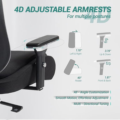 450 LBS Big and Tall Office Chair, Heavy Duty Executive Chair w/4D Arms, Ergonomic Computer Home Desk Chair, Swivel Mesh Chair w/2D Lumbar Support, Adjustable Headrest, Tilt Lock-Black