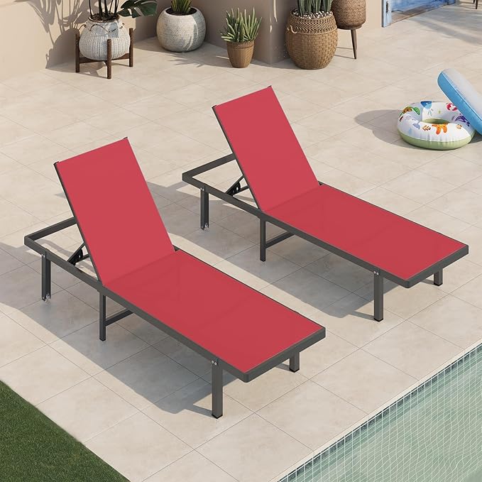 Pool Lounge Chairs, Chaise Lounge Outdoor with Wheels and 5-Position Recliner -Easy to Move- Aluminum Patio Lounge Chair for Poolside, Deck (Red)