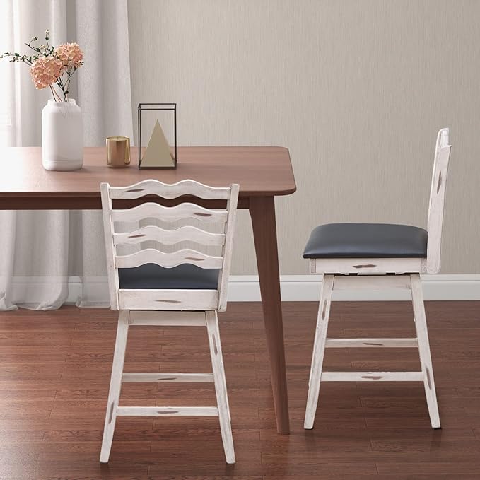 COSTWAY Bar Stools Set of 4, 25” 360° Swivel Counter Height Chairs with Rubber Wood Frame, Cushioned Seat, Ergonomic Backrest & Footrest, Wooden Upholstered Barstools for Kitchen Island (4, 25”)