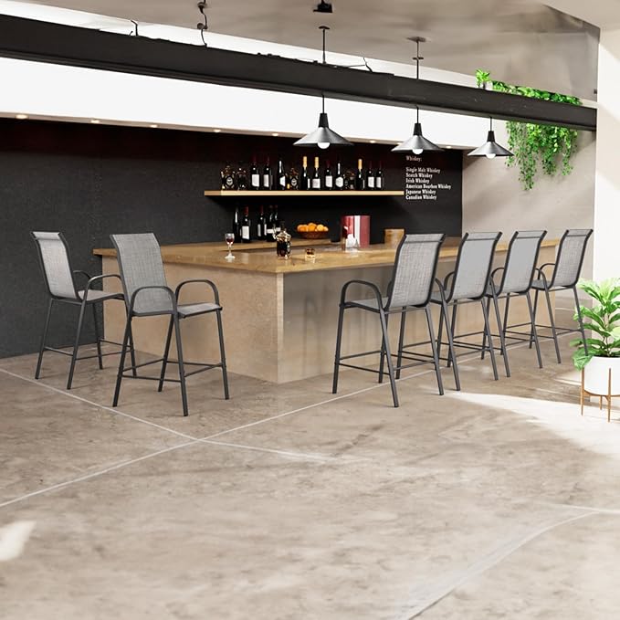 Amopatio Outdoor Stools Set of 8, Comfortable High Back Patio Chairs, All-Weather Textile Patio Bar Stools, Sturdy for Backyard, Porch, Balcony, Light Grey