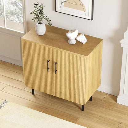 Set of 2 Fluted Natural Storage Cabinets, Modern 2-Door Sideboard Buffet Cabinet with Adjustable Shelves and Metal Legs, Accent Cabinet for Kitchen, Living Room, Entryway (Natural & Black)
