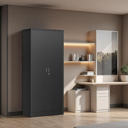 BESFUR Metal Storage Cabinet with 5 Adjustable Shelves and 2 Lockable Doors, 71" Black Garage Storage Cabinet, Locking Cabinet with for Office, School, Garage