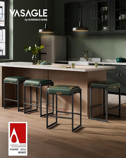 VASAGLE EKHO Collection - Bar Stools Set of 4, Counter Height Bar Stools, Synthetic Leather with Stitching, Mid-Century Modern Counter Stools, 26-Inch Tall, Kichen Home Bar Dining Room, Forest Green