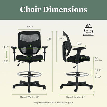 HON Prominent Mesh Ergonomic Standing Office Drafting Chair with Adjustable Arms, Footrest, 360 Swivel Task Chair for Computers, Desk, Home Office, Black