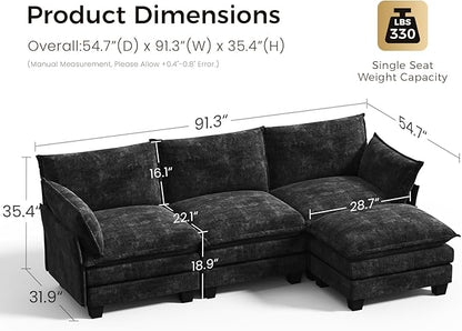 KKL Modular Sectional Sofa, L-Shaped 4 Seater Cloud Couch with Ottoman, Chenille Modern Sectional Couches for Living Room, Apartment, Black