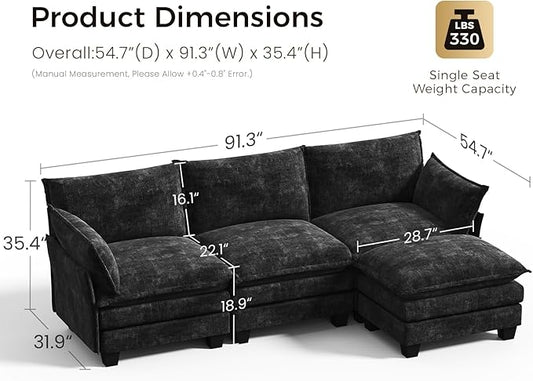 KKL Modular Sectional Sofa, L-Shaped 4 Seater Cloud Couch with Ottoman, Chenille Modern Sectional Couches for Living Room, Apartment, Black