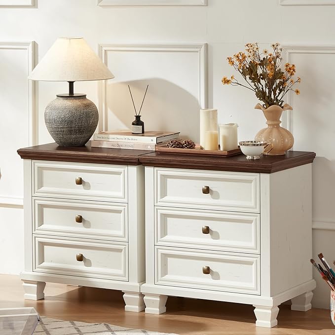 Farmhouse Nightstand Set of 2, Vintage Couch End Table with 3 Drawers & 4 Square Solid Wood Legs, Rustic Bed Side Table with Storage, Small Dresser for Bedroom, Living Room, White