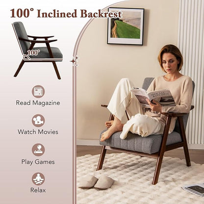 Giantex Mid-Century Modern Accent Chair, Upholstered Comfy Living Room Chair with Arms, Anti-Slip Felt Pads, Wooden Frame Soft Padded Armchair for Living Room Bedroom Office Study, Light Grey